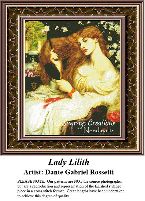 A woman with long light brown hair sits at a mirror, brushing her hair, created as a counted cross stitch pattern by Dante Gabriel Rossetti.