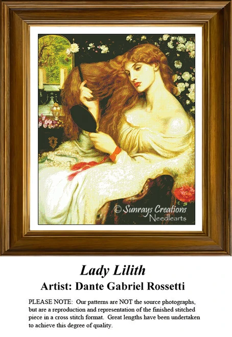A detailed counted cross-stitch pattern preview of Dante Gabriel Rossetti's iconic painting, "Lady Lilith." The sumptuous Aesthetic design frames a close-up portrait of a voluptuous woman with long, vibrant red hair dressed in a flowing white gown, admiring herself in a hand mirror while combing her hair against a dense backdrop of blooming pink roses.