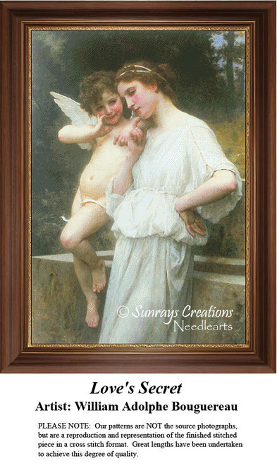 A young woman leans close to Cupid, sharing a secret, depicted as a counted cross stitch pattern waiting as your next cross stitch project.
