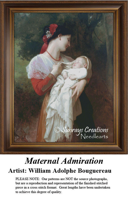 A mother cradles her sleeping baby, gazing down in admiration, all rendered in this xstitch chart from William Adolphe Bouguereau's painting.