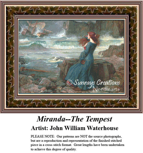 A woman in a flowing gown stands on a rocky shore, watching a storm break a ship, arranged as a counted cross stitch design.