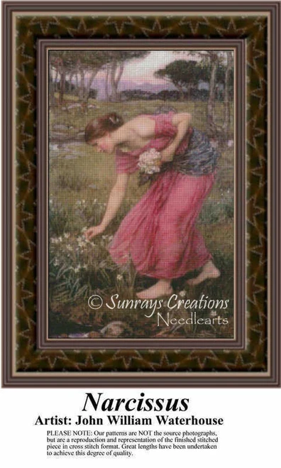A woman bends to pick flowers in a lush landscape, immortalized as a counted cross stitch pattern by artist John William Waterhouse.