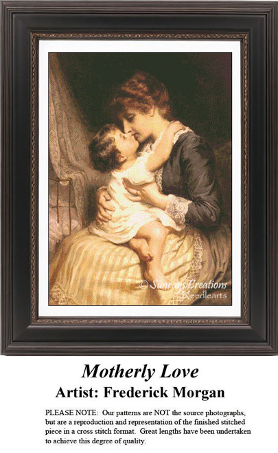 A mother embraces her toddler in a tender moment, created as a counted cross stitch pattern by artist Frederick Morgan.