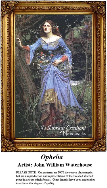 Ophelia stands in a lush forest, adorned with flowers in her hair and dressed in a blue lace gown, available as a counted cross stitch pattern.