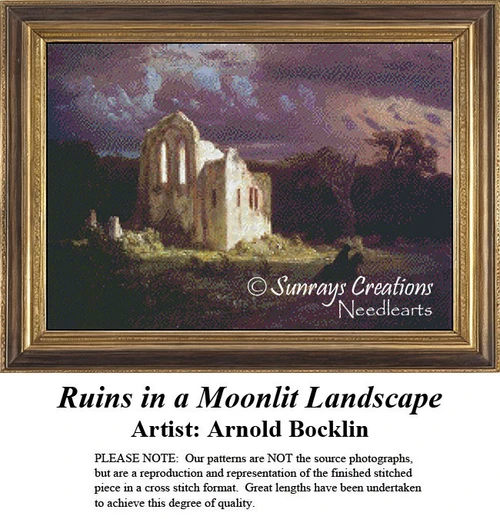 Ruins of a church or cathedral stand in a dark landscape under a vivid sky, preserved as a counted cross stitch pattern.