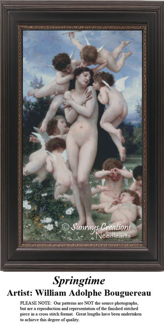 A woman crowned by cherubs in a spring garden, designed as a counted cross stitch pattern by William Adolphe Bouguereau.
