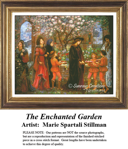 A detailed counted cross-stitch pattern preview of Marie Spartali Stillman's Pre-Raphaelite painting, "The Enchanted Garden." The design features women draped in flowing garments among lush rose arbors and stone architecture, evoking an atmosphere of ethereal enchantment.