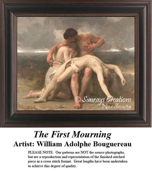 A young man lies across the lap of a friend while a woman weeps in grief, frozen in time as a counted cross stitch pattern.