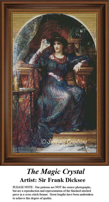 A woman holds a crystal ball with a thoughtful expression, reimagined as a counted cross stitch pattern by Sir Frank Dicksee.