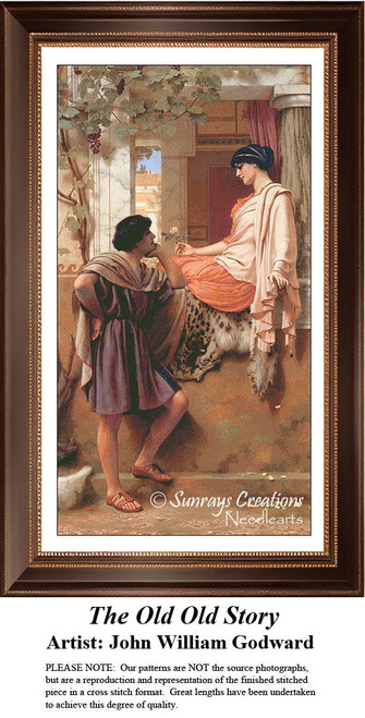 A young man leans against a wall while a woman drops flower petals from her hand, preserved as a counted cross stitch pattern.