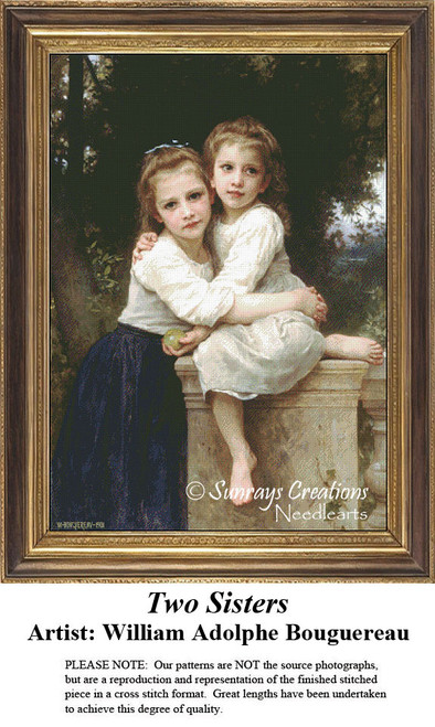 Two sisters embrace in a garden; the younger sits on a pedestal holding a ball while the elder stands beside her. This printable pattern reflects