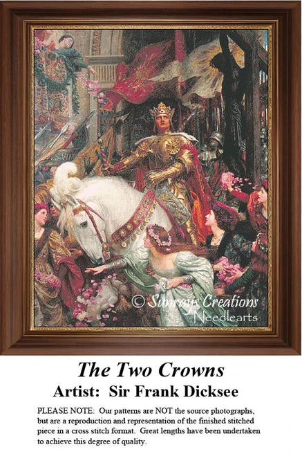 A king on a white horse is startled by the vision of Christ, depicted in this counted cross stitch pattern by Sir Frank Dicksee.