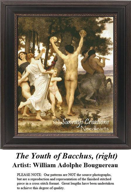 A lively scene of young people, some nude, celebrating with music and dance, designed as a large counted cross stitch by William Adolphe Bouguereau.