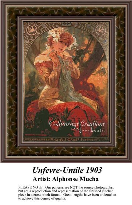 A woman in a flowing dress contemplates a garment in her hands, designed as a counted cross stitch kit by Alphonse Mucha for Sunrays Creations.