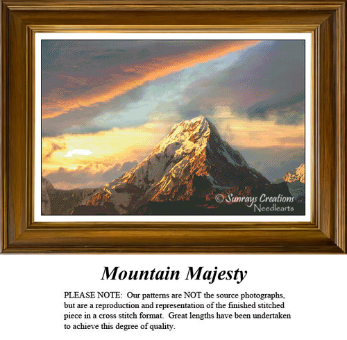 A towering, snow-dusted mountain peak glows with golden sunset light under a dramatic, swirling sky filled with warm orange and deep grey clouds in a majestic cross-stitch pattern.