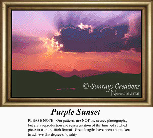 A dramatic purple sunset fills the sky with coral and gold hues, designed as a xstitch chart by Sunrays Creations for cross stitch enthusiasts.