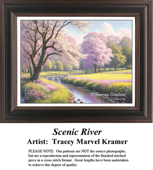 A peaceful country stream winds through a lush meadow vibrant with blooming pink cherry blossom trees and colorful wildflowers under a bright spring sky in a serene landscape cross-stitch pattern.