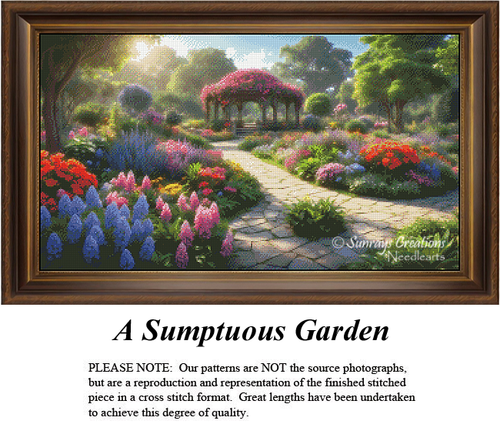 A detailed counted cross-stitch pattern preview displaying a vibrant, blooming cottage garden landscape. The scenic design features a winding stone path bordered by lush clusters of blue hydrangeas, pink foxgloves, and red flowers leading toward a central wooden gazebo overgrown with rich pink roses under a soft, sun-dappled sky.