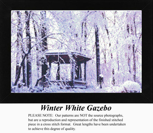 A gazebo amid snow-covered trees, designed as a counted cross stitch pattern labeled "Winter White Gazebo," available as a digital file.