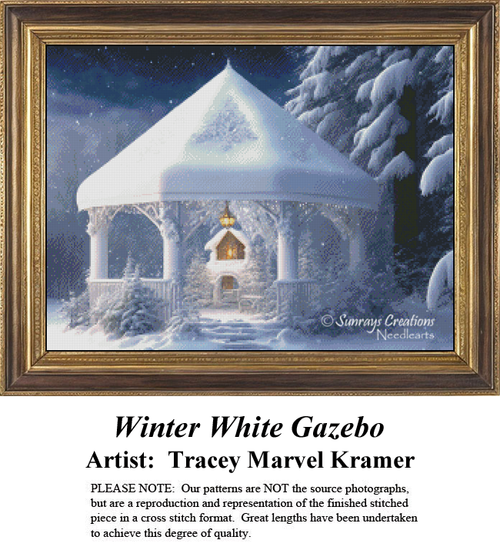A serene, snow-covered Victorian gazebo sits nestled under evergreen trees on a quiet winter night, illuminated by a warm glowing light from within in a beautifully detailed cross-stitch pattern.