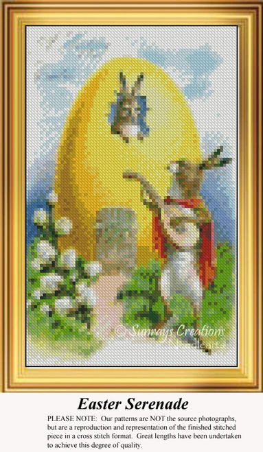 An image of a large cross stitch pattern featuring a bunny in a yellow house, being serenaded by a hare playing a lute, surrounded by flowers, by