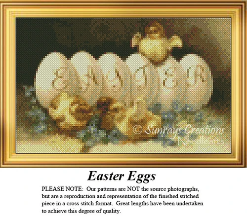 Five Easter eggs lined up spell out "Easter," with four chicks standing beside them, preserved as a counted cross stitch pattern.