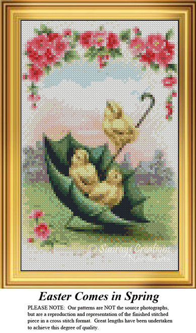 Three Easter chicks are sitting in a green umbrella with pink flowers surrounding them, made as a counted cross stitch pattern, perfect for your next.