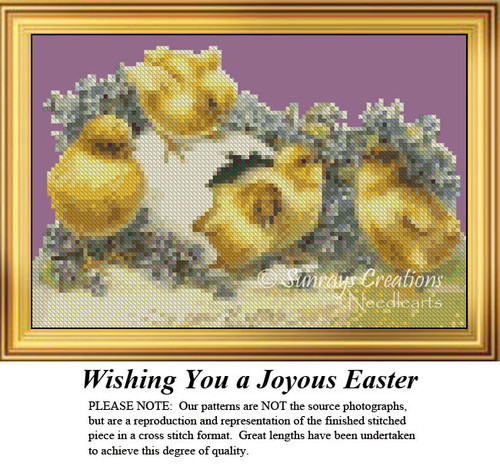 Chicks nestled in greenery with a large egg, designed as a counted cross stitch kit for Easter celebrations, using solid colors for stitching.