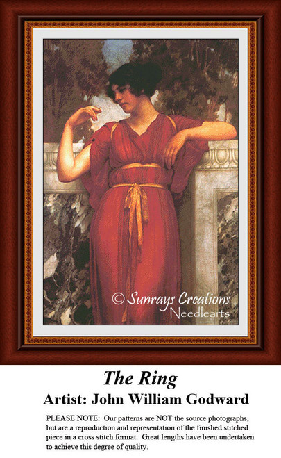 A woman in a flowing red gown admires her ring while leaning against a garden wall, come to life as a counted cross stitch design.