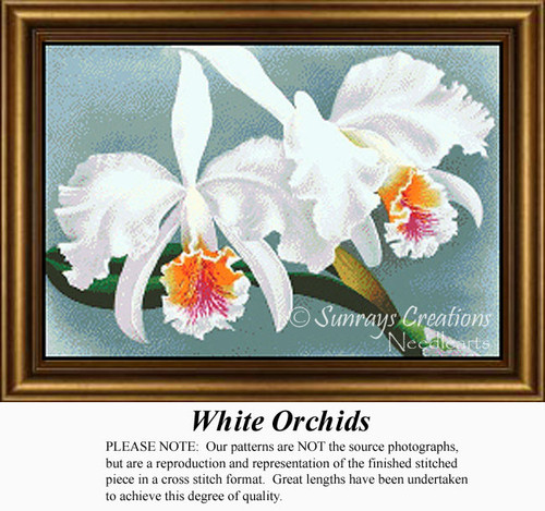 A pair of white orchids with gold and pink centers against a teal background, immortalized as a counted cross stitch pattern.
