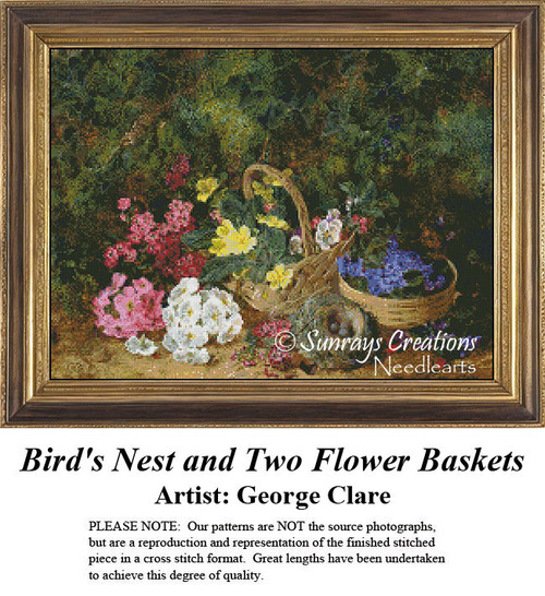 A basket filled with colorful spring flowers sits next to a nest with eggs, designed as a counted cross stitch pattern by George Clare. Yours as a.
