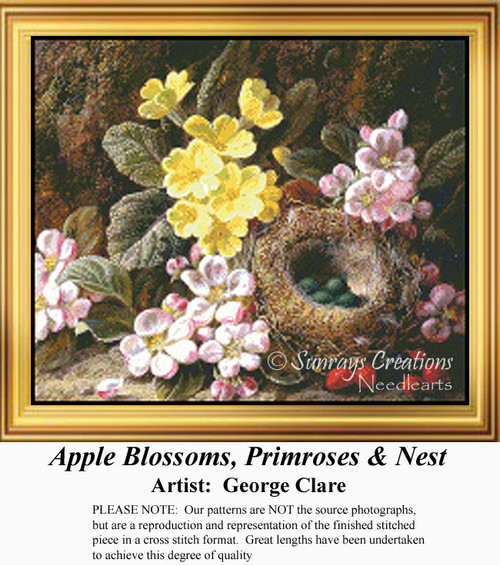 Bright primroses and apple blossoms surround a nest with green eggs, reimagined as a counted cross stitch pattern by George Clare.
