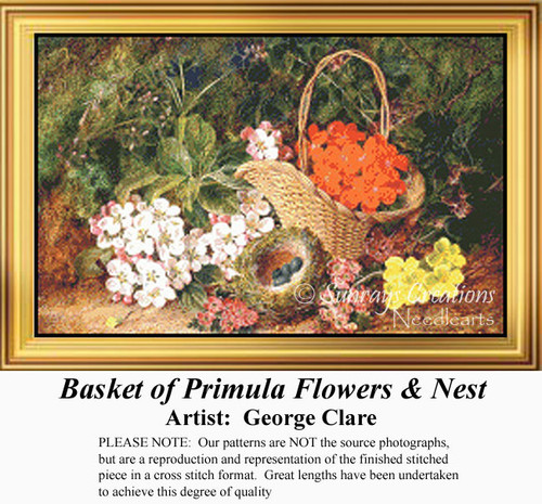 A wicker basket filled with orange and apple blossom flowers, surrounded by lush greenery, depicted in a cross stitch kit by artist George Clare.