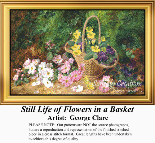A tall wicker basket filled with yellow and purple flowers sits among pink and white primroses, waiting as your next cross stitch project.