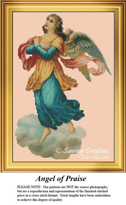 An angel stands with arms raised, adorned in flowing robes and a heavenly aura, captured as a counted cross stitch pattern.