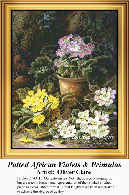 A downloadable pattern of potted African violets and primulas in yellow, pink, and white, surrounded by lush green leaves, by Oliver Clare.
