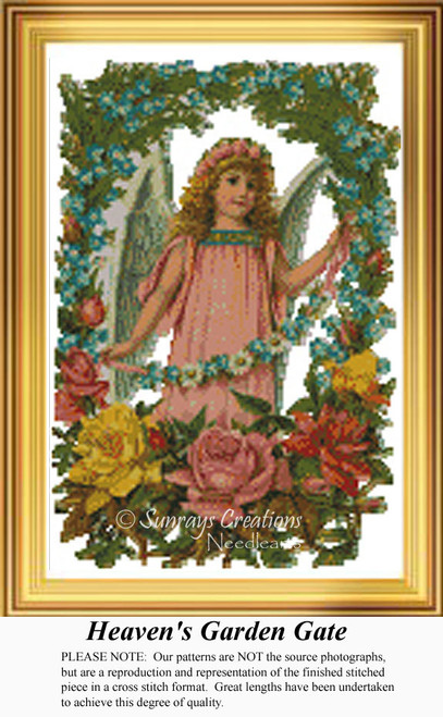 An angel holds a garland of daisies, surrounded by blue flowers and large roses in this counted cross stitch pattern titled Heaven's Garden Gate.