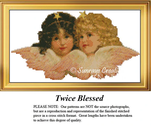 Two little angels with dark and light hair are posed side by side, designed as a counted cross stitch pattern, perfect for your next cross stitch.