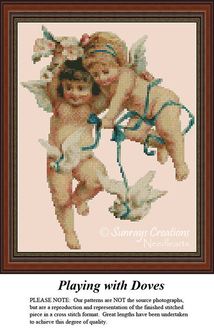 Two cherubs play with doves tied with teal ribbon, illustrated in this charming cross stitch pattern. The design uses solid colors to create depth.