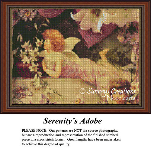 A serene angel reclines on a bed surrounded by flowers and mauve ribbons, designed as a cross stitch chart for tranquil stitching experiences.