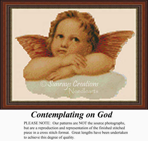 A little angel with delicate wings rests on a fluffy cloud, gazing thoughtfully in this xstitch design titled Contemplating on God.