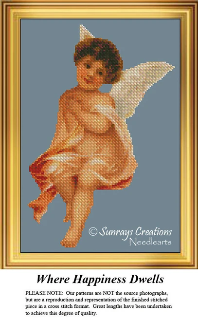 A cute angel with curly hair smiles joyfully, surrounded by soft colors, reimagined as a counted cross stitch pattern.