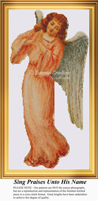 An angel in a prayerful pose with flowing robes sings praises, rendered as a PDF chart for stitching with DMC floss on aida cloth.
