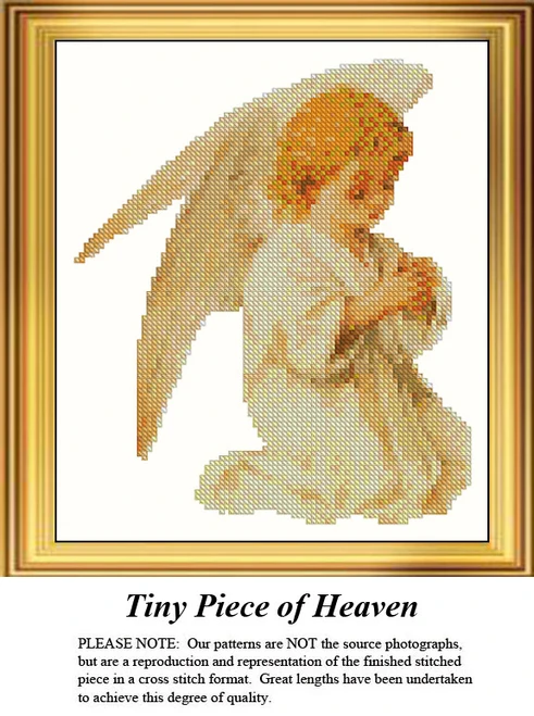 A young angel kneels in prayer, surrounded by soft colors, frozen in time as a counted cross stitch pattern.