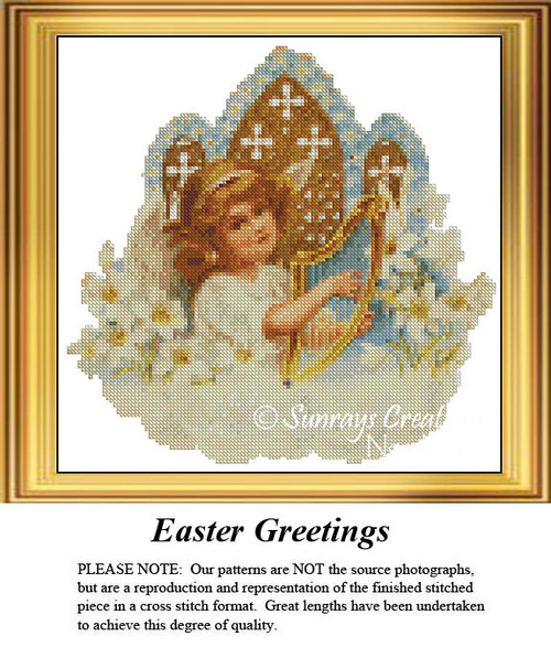 An angel plays a harp among clouds and white lilies, immortalized as a counted cross stitch pattern for Easter greetings.