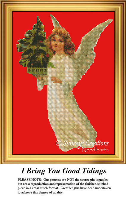 An angel with large wings is carrying a small Christmas tree, designed as a counted cross stitch pattern, perfect for your next cross stitch project.
