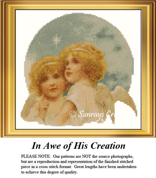 Two angels embrace each other against a sky background, transformed into a counted cross stitch pattern that captures their awe.