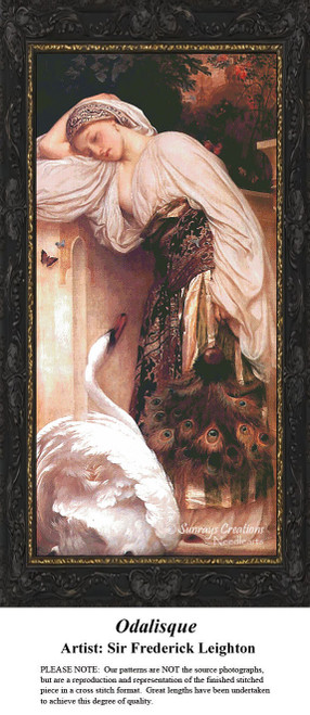 A woman leans against a garden wall with a peacock fan, interacting with a swan, frozen in time as a counted cross stitch pattern.