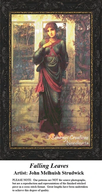 A woman stands in a garden beside a stone wall, with falling leaves at her feet, reimagined as a counted cross stitch pattern.