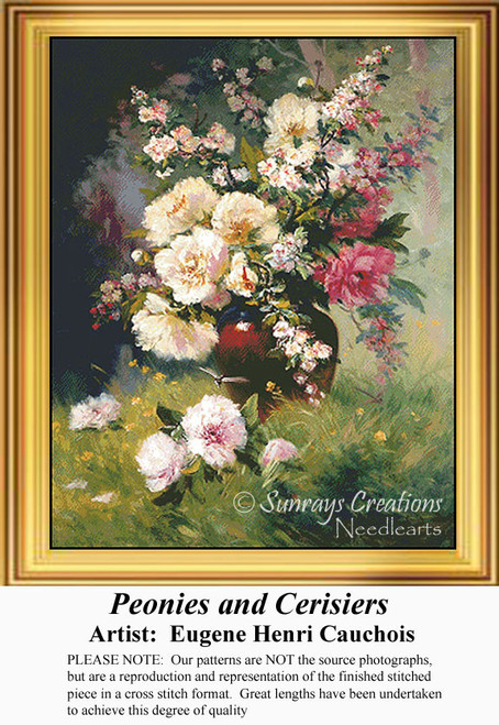 A spring bouquet of peonies and cerisiers fills a brown vase, designed as an xstitch chart from Eugene Henri Cauchois's floral painting.